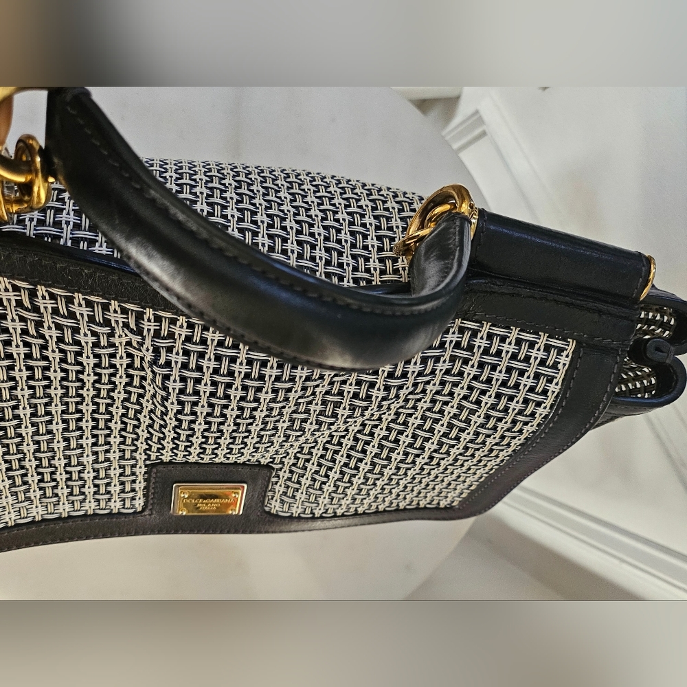 Dolce & Gabbana Black & White Large Sicily Woven Top Handle Bag - Picture 5 of 15
